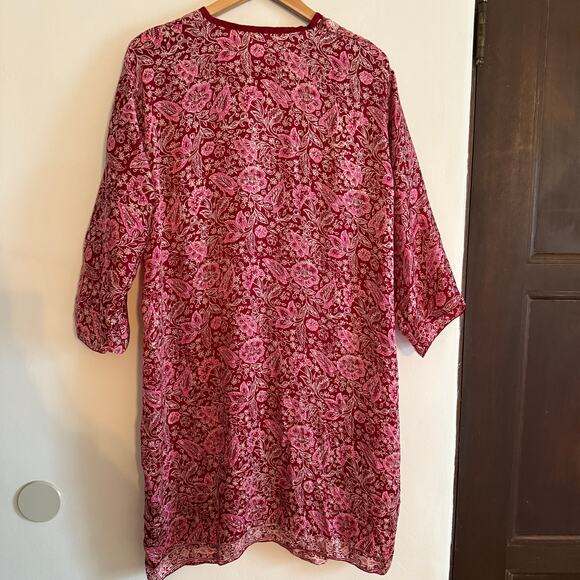 Boho Burgundy Silk Floral V Neck Loose Tunic Dress, Swim Cover up | One Size - Picture 4 of 5